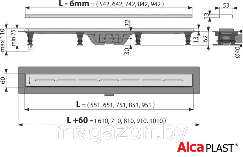 Alcaplast APZ18-650M Simple Водоотводящий желоб с порогами из нерж. стали - фото 2 - id-p86688381