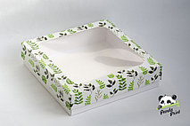 Коробка с прозрачным окном 200х200х50 Зеленые листья (белое дно)