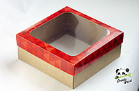 Коробка с прозрачным окном 200х200х50 Красные треугольники (крафт дно), фото 1