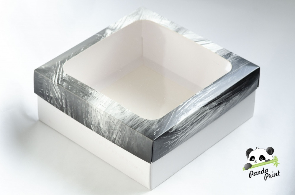 Коробка с прозрачным окном 200х200х80 Серая (белое дно)