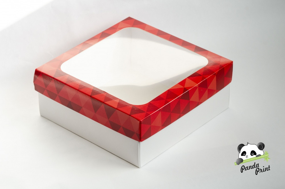 Коробка с прозрачным окном 200х200х80 Красные треугольники (белое дно)