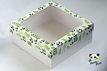 Коробка с прозрачным окном 200х200х80 Зеленые листья (белое дно)