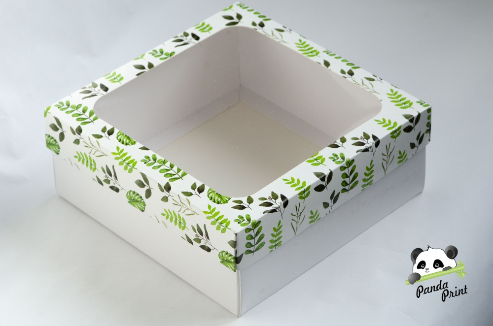 Коробка с прозрачным окном 200х200х80 Зеленые листья (белое дно)