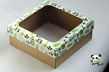 Коробка с прозрачным окном 200х200х80 Зеленые листья (крафт дно)