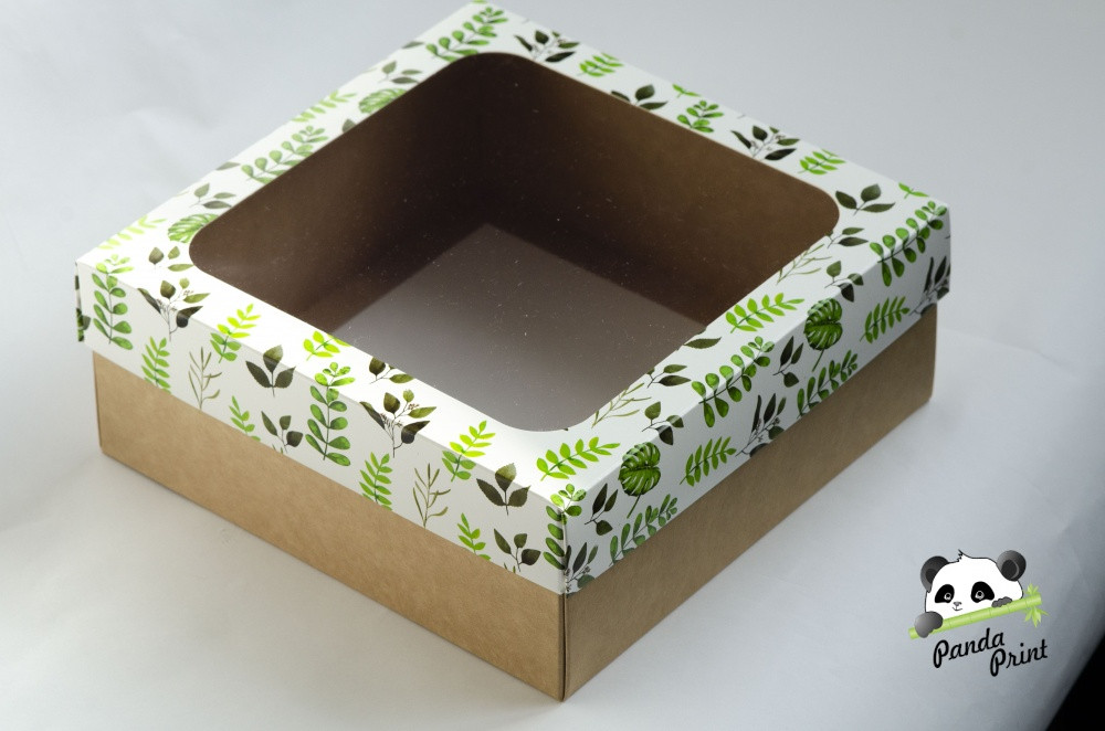 Коробка с прозрачным окном 200х200х80 Зеленые листья (крафт дно) - фото 1 - id-p119999526