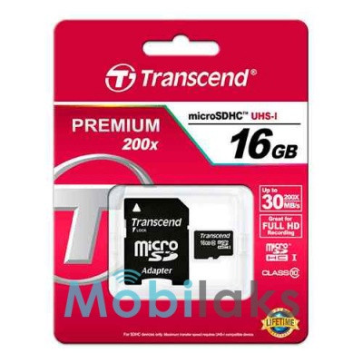 Карта памяти Transcend Premium 200x microSDHC 16GB 10 class + SD адаптер
