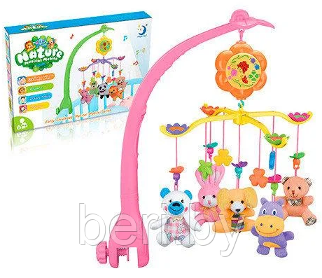 Музыкальная каруселька 602-18 на кроватку, мягкие игрушки, 80 мелодий Nature Musical Mobile, свет, звук