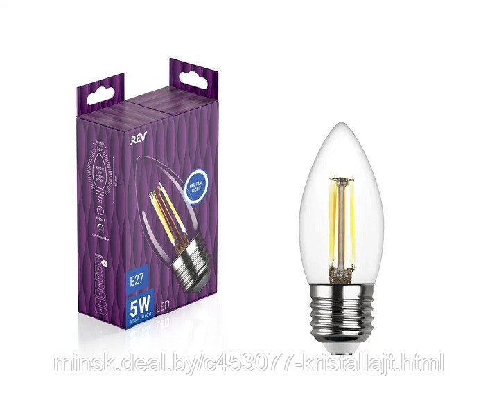 Лампа светодиодная FILAMENT свеча C37 E27 5W, 4000K, DECO Premium, нейтральный свет - фото 1 - id-p120116873