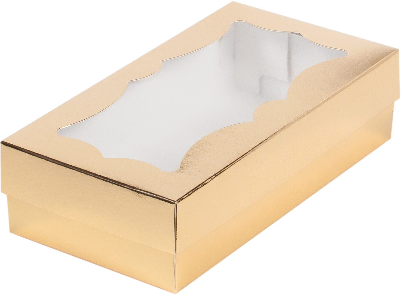Коробка для макарон и др.сладостей с фигурным окном, Золотая, 210х110х h55 мм - фото 1 - id-p120118011