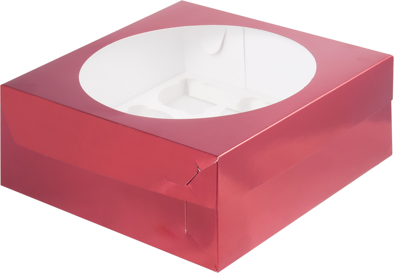 Коробка для капкейков с окном Красная (на 9 шт), 235х235х h100 мм - фото 1 - id-p120120652