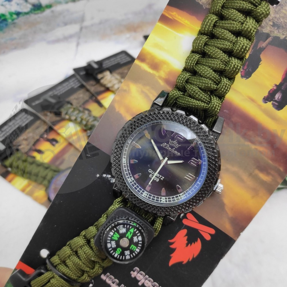 Тактические часы с браслетом из паракорда XINHAO 01, QUARTZ 6299 черный циферблат, зеленый браслет - фото 10 - id-p120281824