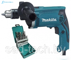 Дрель ударная MAKITA HP 1630 в кор. + Набор сверл смеш. 9шт (дер., мет., бет.) MAKITA (D-08660) (710 Вт,