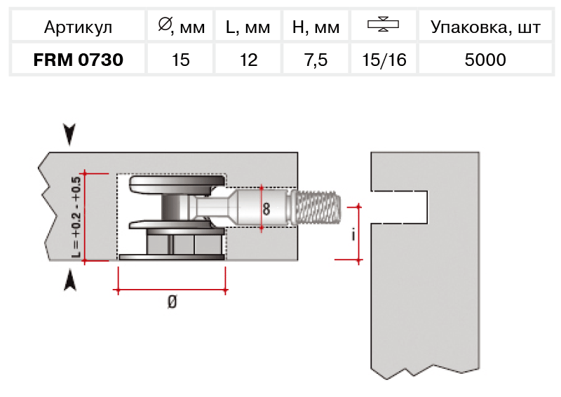 Эксцентрик "Minifix 15" FIRMAX (D=15 мм, L=12 мм, H=7.5 мм, цинк никелированный)