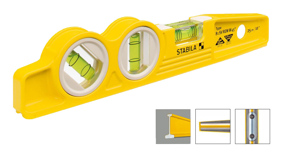 STABILA Уровень 16672 тип 81SV REM W45, 25см литой профиль (1верт, 1гориз.,1х45, магнит, 0,5мм/м) - фото 2 - id-p120428387