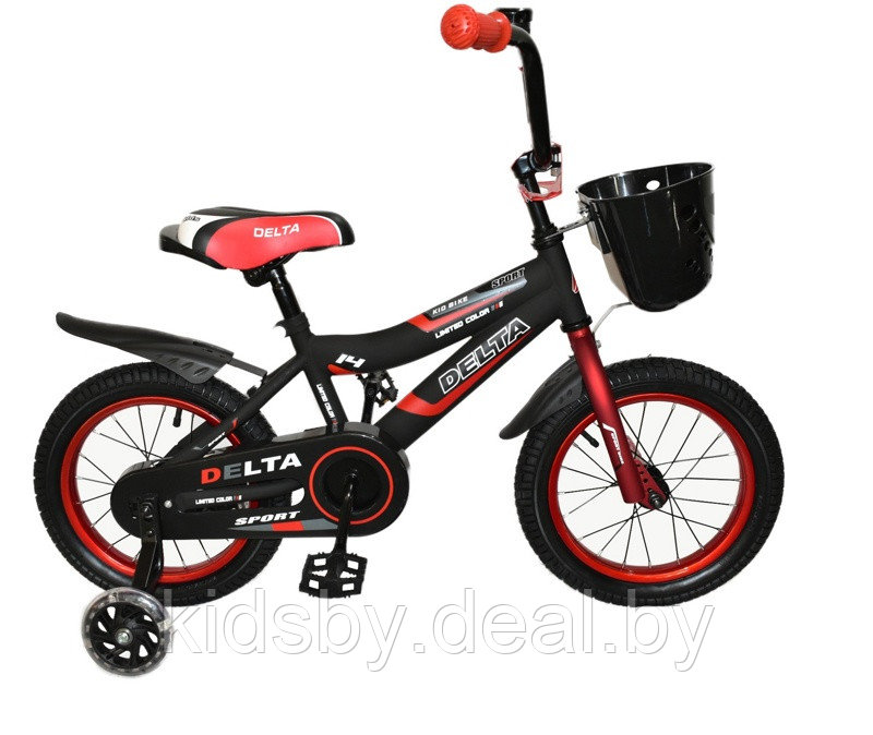 Детский велосипед Delta Sport 14 2020 (черный/красный) со шлемом, корзиной и светящимися полиуретановыми - фото 4 - id-p120541145