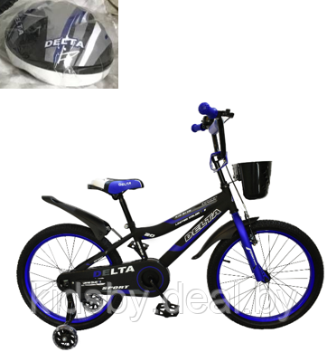 Детский велосипед Delta Sport 16 (черный/синий, 2019) с передним ручным V-BRAKE тормозом, шлемом, корзиной и