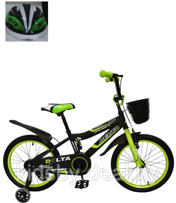 Детский велосипед Delta Sport 16 (черный/зеленый, 2019) с передним ручным V-BRAKE тормозом, шлемом, корзиной и - фото 2 - id-p120541148