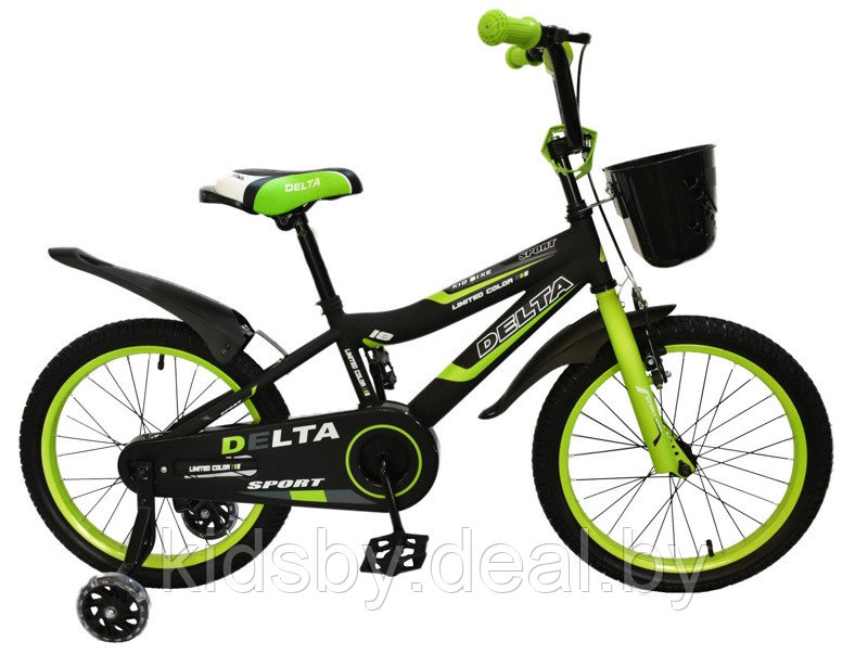 Детский велосипед Delta Sport 16 (черный/зеленый, 2019) с передним ручным V-BRAKE тормозом, шлемом, корзиной и - фото 3 - id-p120541148