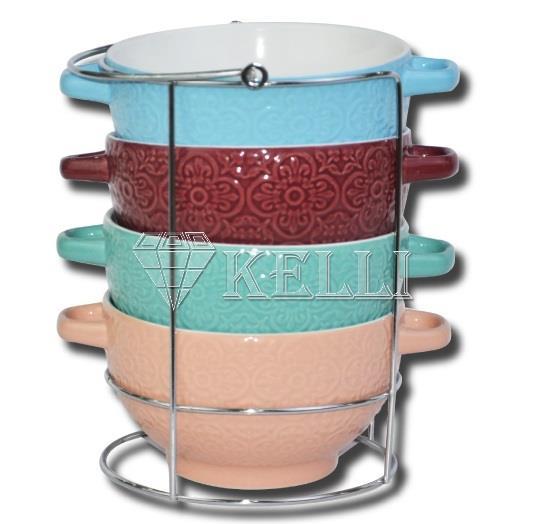 Супницы Kelli KL-390 керамических супниц из 4 пред. на подставке с ручками