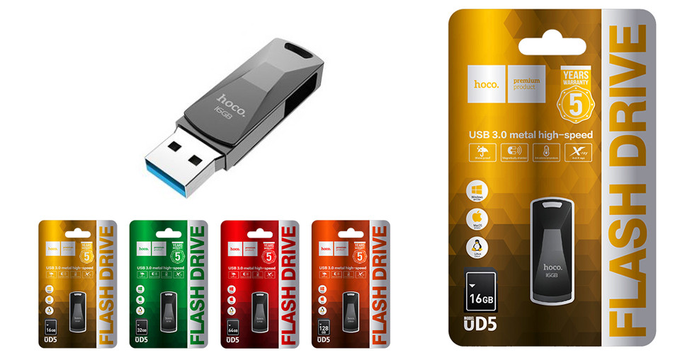 USB флэш-диск HOCO 128Gb UD5 Wisdom USB3.0 цвет:черный (запись: 15-80 МБ/с, чтение: 20-90 МБ/с.)