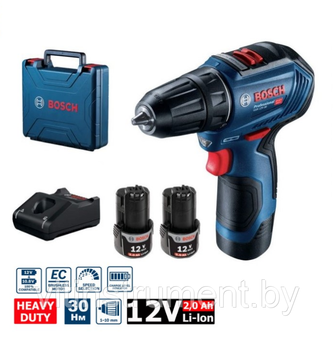 Аккум. дрель-шуруповерт BOSCH GSR 12V-30 в чем. (12.0 В, 2 акк., 2.0 А/ч Li-Ion, 2 скор., 30 Нм, шурупы до 7 м - фото 1 - id-p121505544