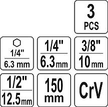 Держатели-адаптеры HEX торцевых головок 1/4, 3/8, 1/2 (3шт), 150мм, YATO, фото 3