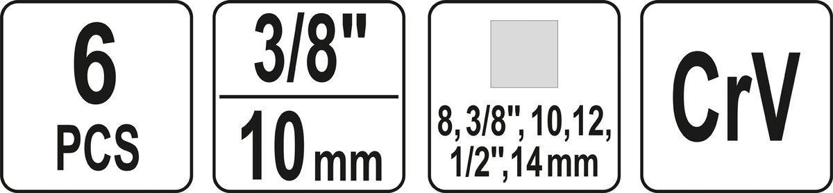 Набор головок для масляных пробок (8, 10, 12, 14мм, 3/8", 1/2") 3/8", квадрат, YATO - фото 4 - id-p121719153