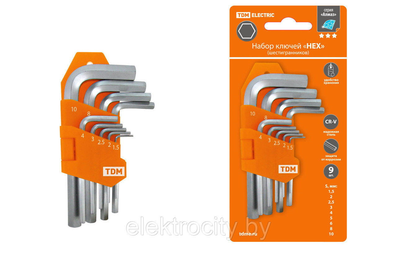 Набор ключей "HEX" 9 шт.: 1.5-10 мм, короткие, (держатель в блистере), CR-V сталь "Алмаз" TDM - фото 1 - id-p105536071