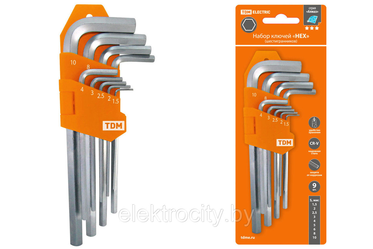 Набор ключей "HEX" 9 шт.: 1.5-10 мм, длинные, (держатель в блистере), CR-V сталь "Алмаз" TDM - фото 1 - id-p105536081
