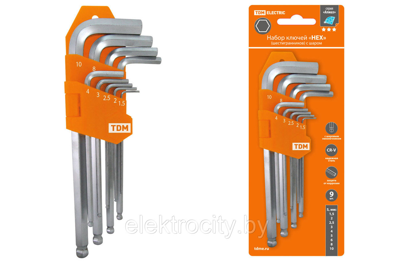 Набор ключей "HEX" 9 шт.: 1.5-10 мм, длинные с шаром, (держатель в блистере), CR-V сталь "Алмаз" TDМ - фото 1 - id-p105536120