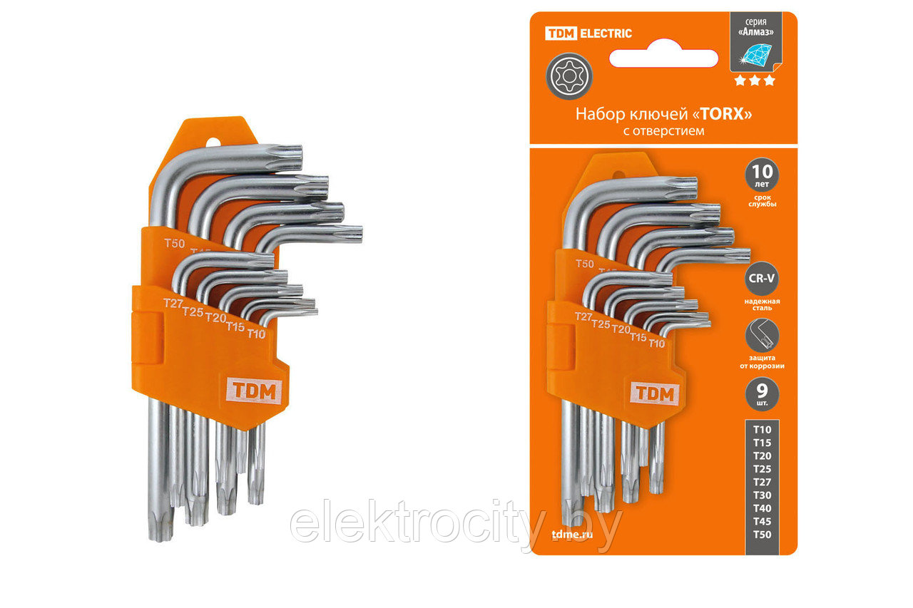 Набор ключей "TORX" с отверстием 9 шт: Т10-Т50 (держатель в блистере), CR-V сталь "Алмаз" TDM - фото 1 - id-p105533967