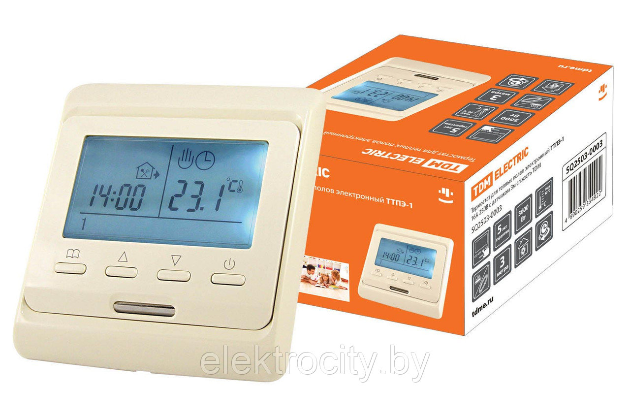 Термостат для теплых полов электронный ТТПЭ-1 16А 250В с датчиком 3м сл. кость TDM