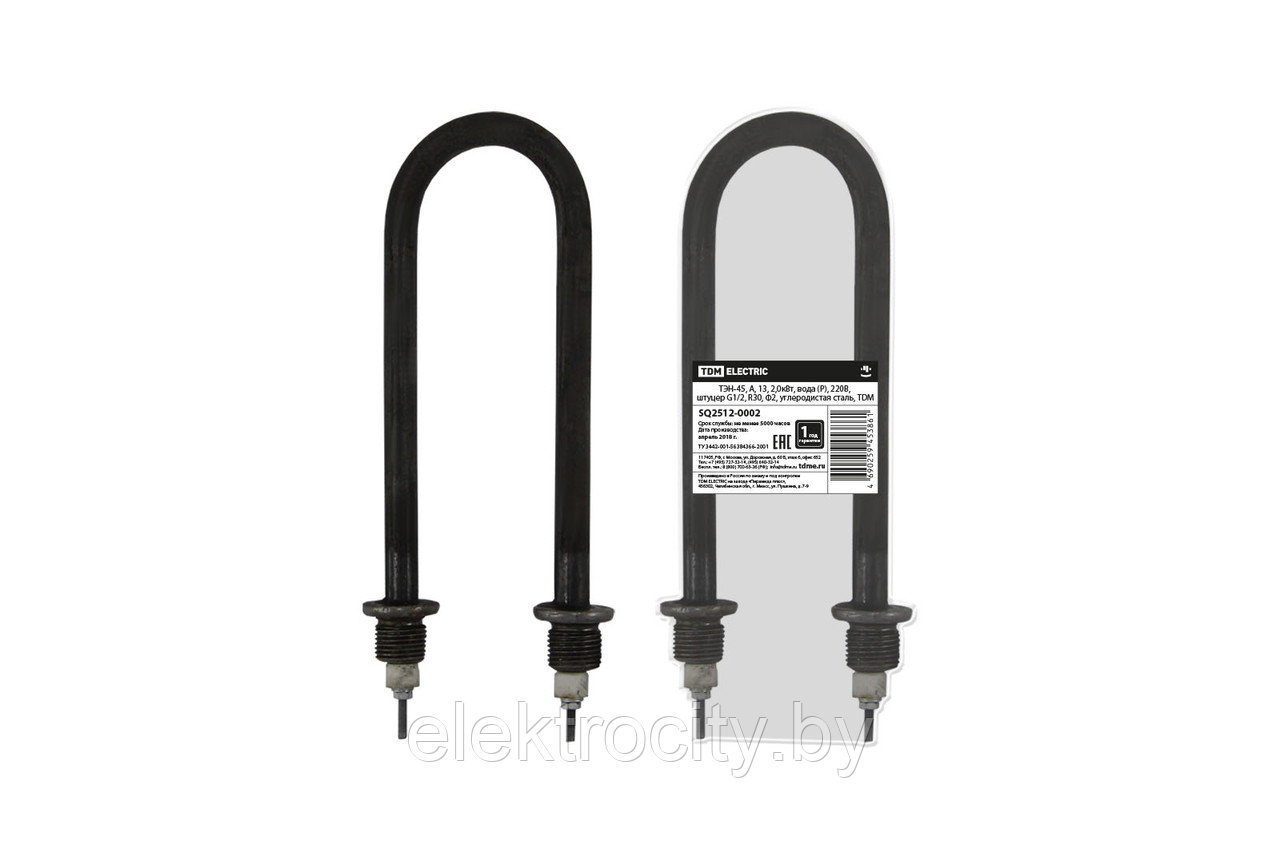 ТЭН-45, А, 13, 2,0кВт, вода (Р), 220В, штуцер G1/2, R30, Ф2, углеродистая сталь, TDM