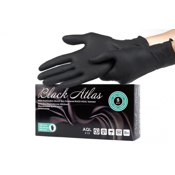 Перчатки нитриловые ( р-р S 200 шт./уп) текстурированные Black Atlas, черные(работаем с юр лицами и ИП) - фото 1 - id-p122545905