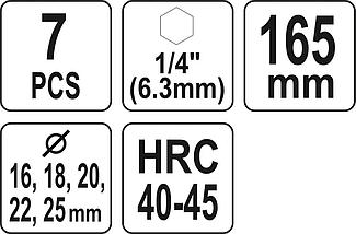 Набор сверл спиральных по дереву 4 режущих кромки, 16-26мм, 7шт, HEX, YATO, фото 3