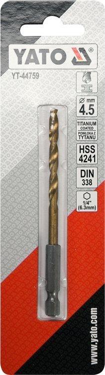 Сверло по металлу HSS-TiN 4,5мм с хвост HEX, YATO
