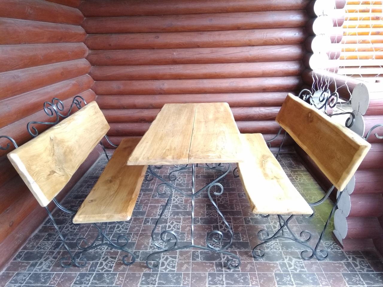 Набор мебели из дуба "Премьер" на кованой основе (стол+2 скамейки со спинкой), фото 1