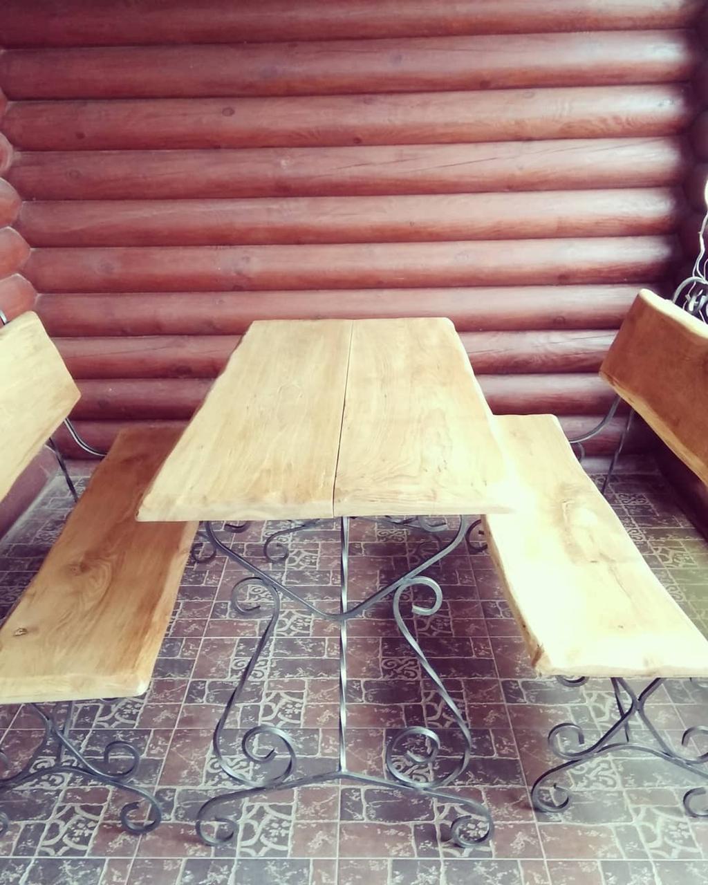 Набор мебели из дуба "Премьер" на кованой основе (стол+2 скамейки со спинкой) - фото 7 - id-p123035858