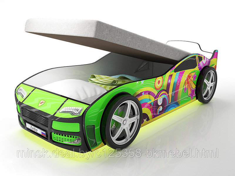 Кровать-машинка ТУРБО Зеленая с встроенным матрасом и подъемным механизмом + подсветка дна и фар - КарлСон