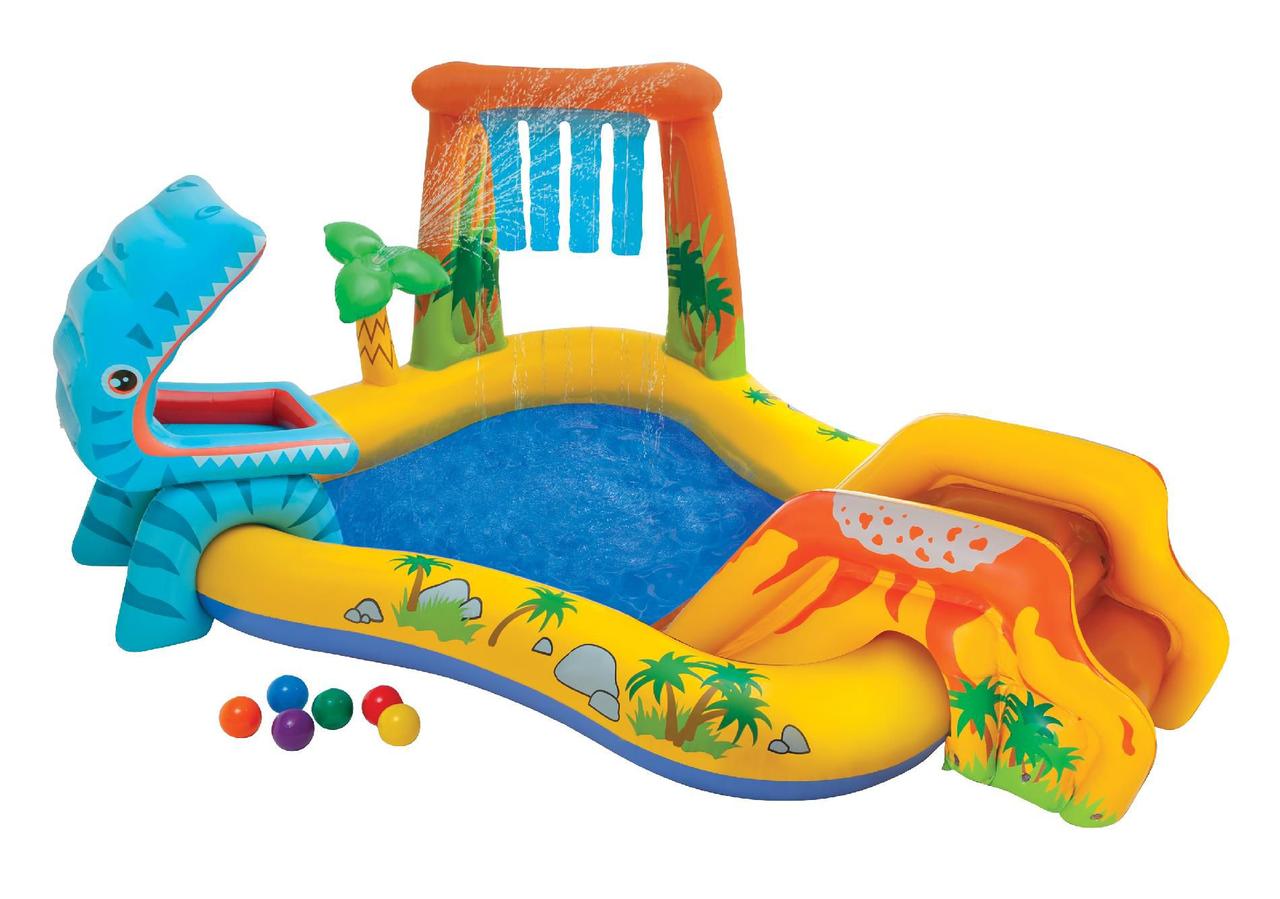 Детский надувной бассейн, игровой центр с горкой Intex "Динозавр", 241х191х109см, арт. 57444