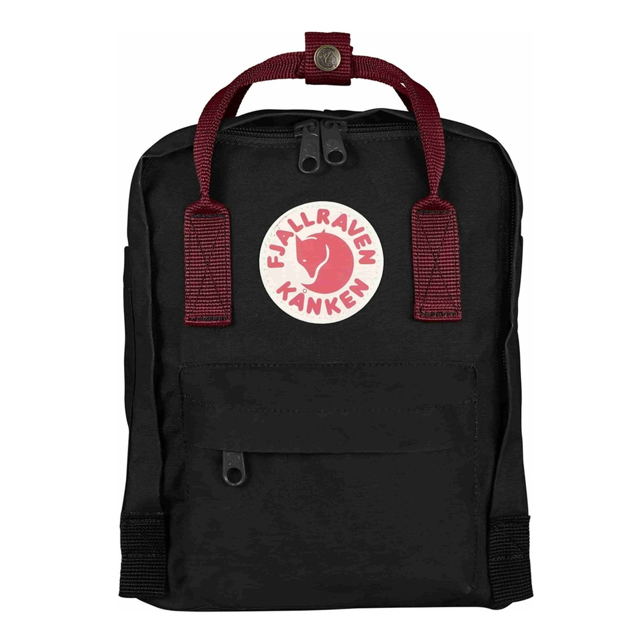 Рюкзак Fjallraven Kanken Mini (Black ox Red ) Чёрный с бордовыми ручками 7L + значок в подарок