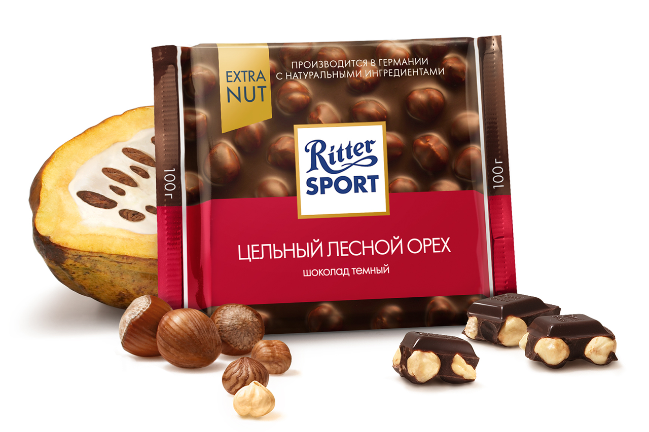 Шоколад RITTER SPORT темный с цельным лесным орехом, 100г.