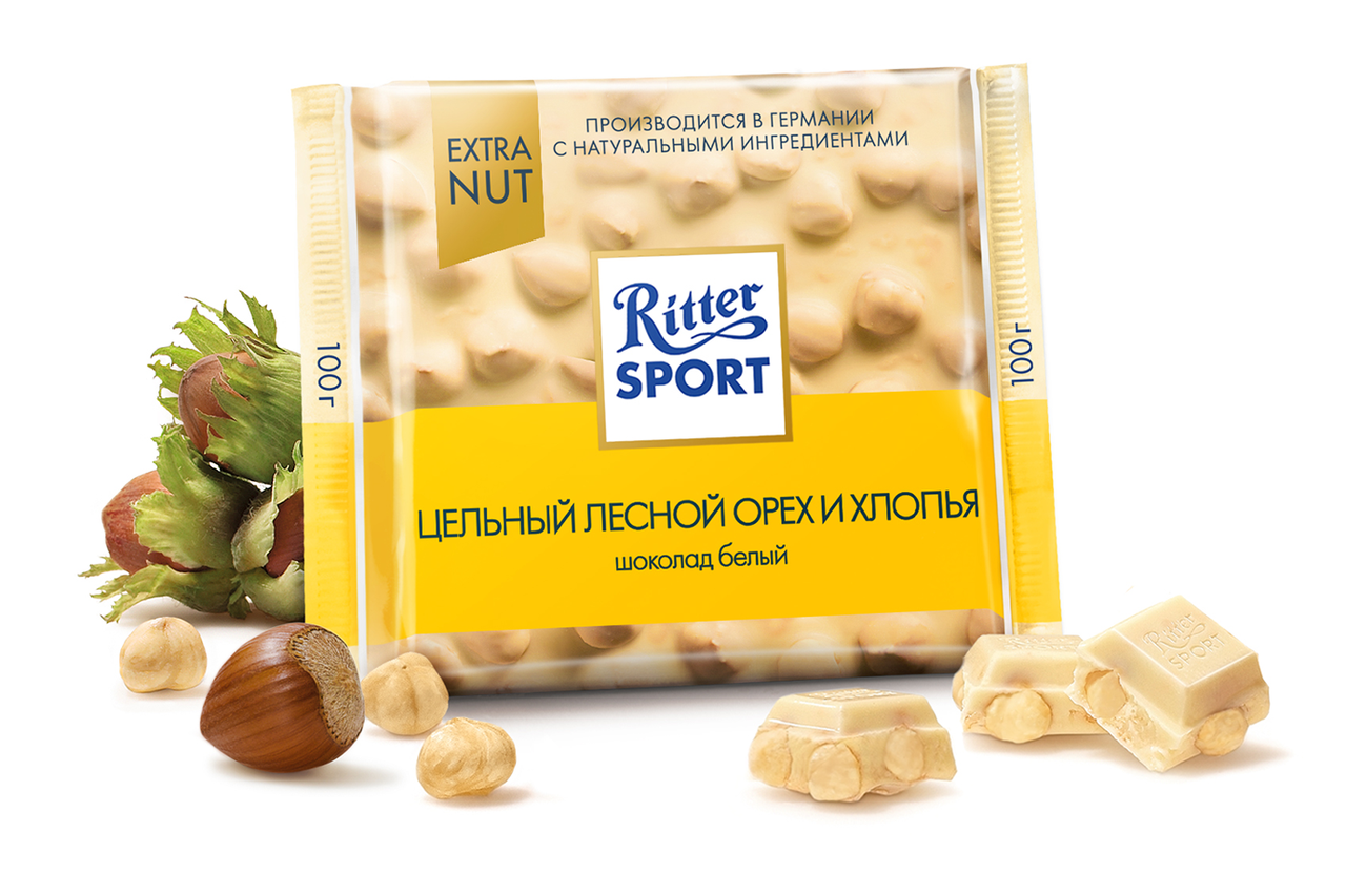 Шоколад RITTER SPORT Белый, цельный лесной орех и хлопья, 100г. - фото 1 - id-p123595584