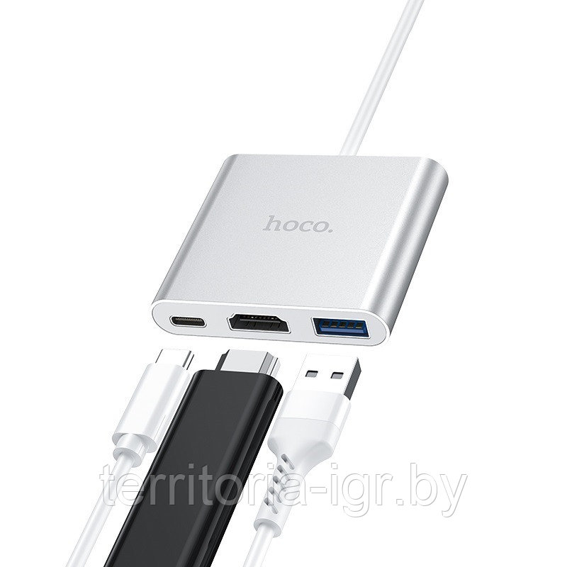 Xaб-конвертер Type-C на USB3.0+HDMI+Type-C HB14 серебристый Hoco - фото 3 - id-p123665711