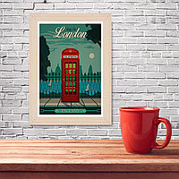 Ретро постер (плакат) "Лондон" на стену для интерьера. Любые размеры В деревянной рамке (цвет сосна)