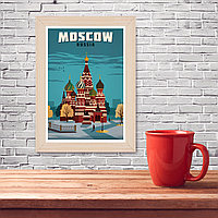 Ретро постер (плакат) "Москва" на стену для интерьера. Любые размеры В деревянной рамке (цвет сосна)