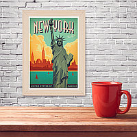 Ретро постер (плакат) "Нью Йорк" на стену для интерьера. Любые размеры В деревянной рамке (цвет сосна)