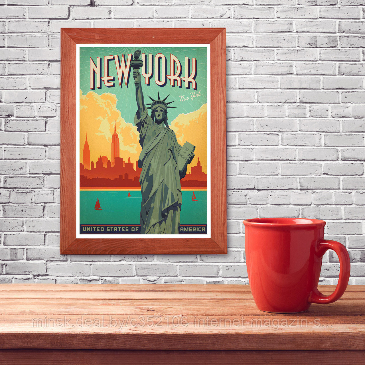 Ретро постер (плакат) "Нью Йорк" на стену для интерьера. Любые размеры В деревянной рамке (цвет орех)