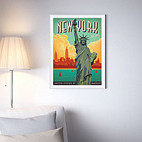 Ретро постер (плакат) "Нью Йорк" на стену для интерьера. Любые размеры В пластиковой рамке (белая)