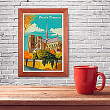 Ретро постер (плакат) "Париж" на стену для интерьера. Любые размеры В деревянной рамке (цвет орех)
